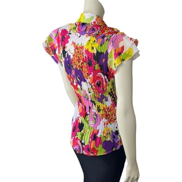 NWT Cathaya's Slimming S/S Blouse w/Colorful Floral Ruffles & Pleated Bodice SzM - Picture 9 of 15